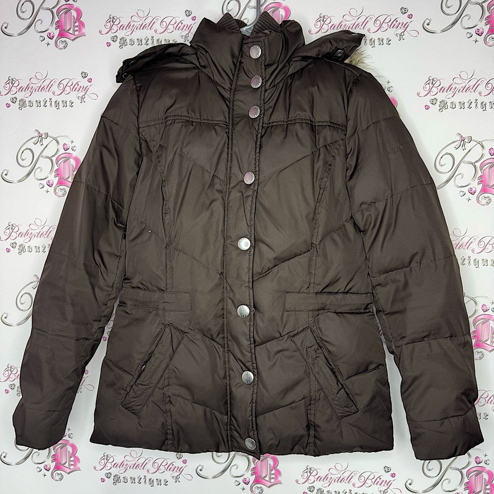 Espirit jacket coat down feather filled brown waist cinch inside button up fur